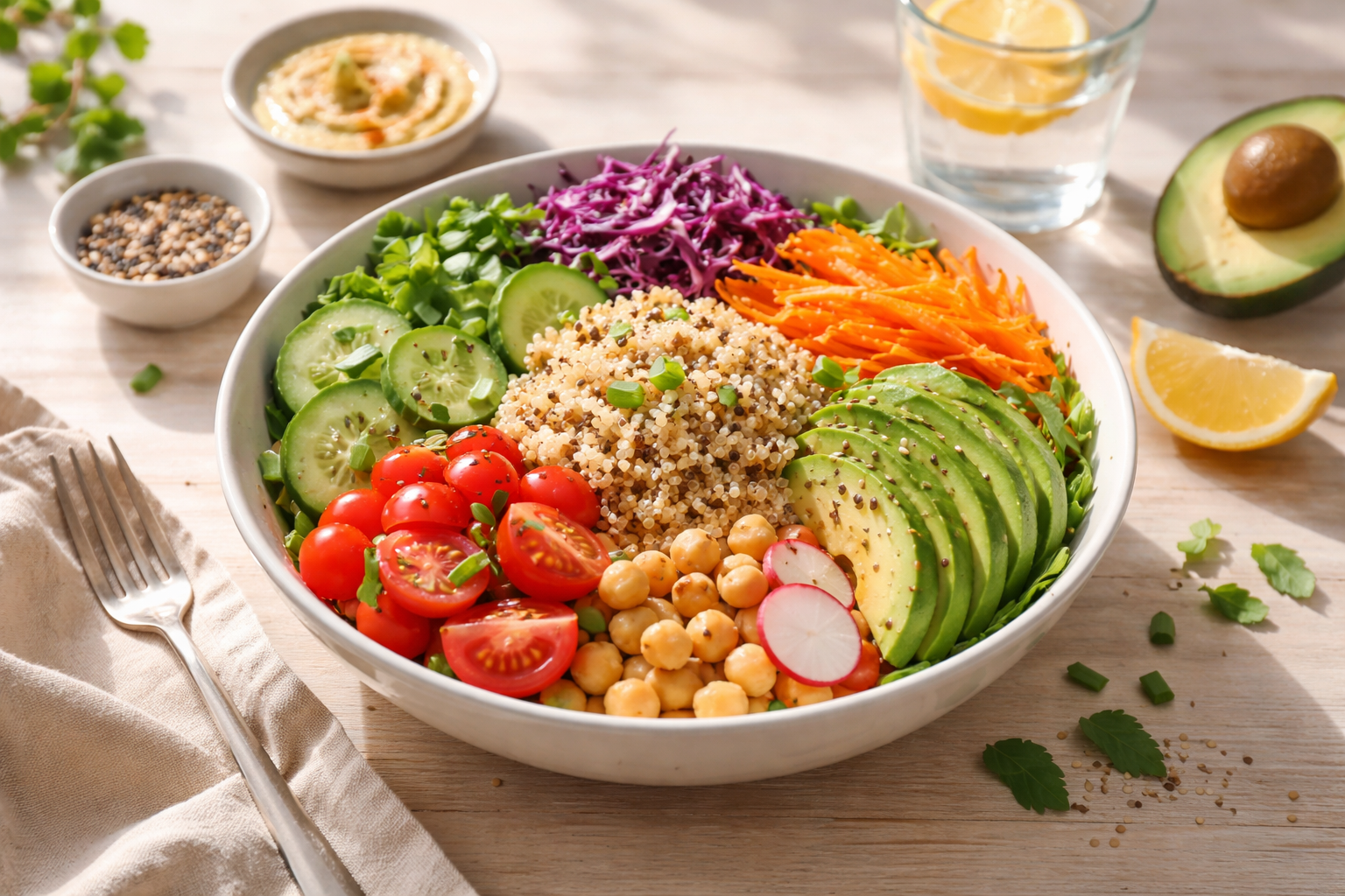 fresh colorful salad bowl with quinoa vegetables avocado on a light wooden table, natural daylight, healthy eating lifestyle, clean minimal aesthetic